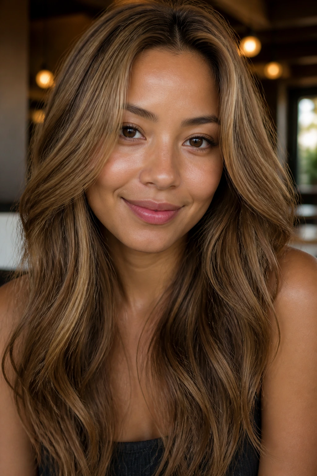 Close-up portrait of a person with caramel latte brown hair and warm skin