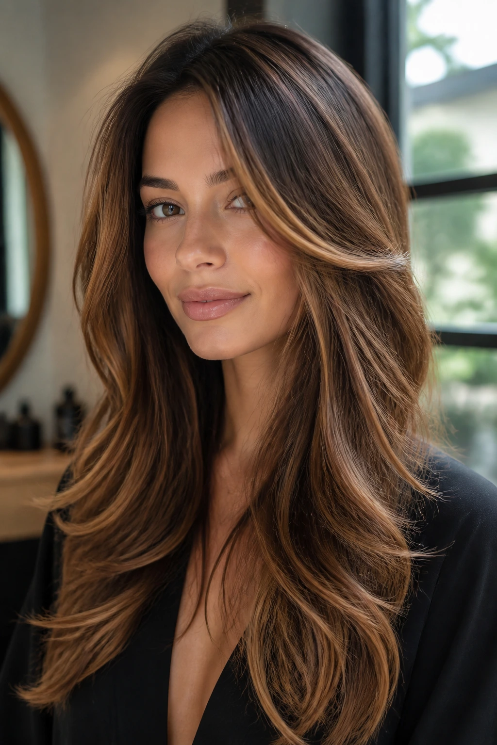 Close-up portrait of woman with caramel layered hair and warm ribbons