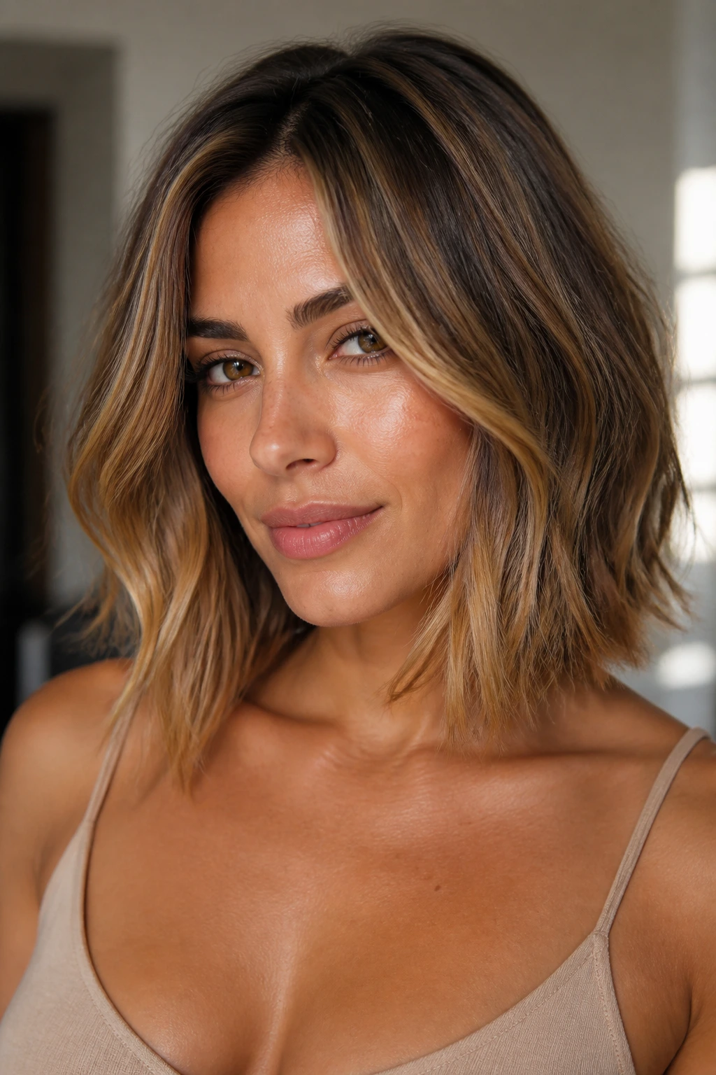Real woman with caramel lob and soft lowlights under warm light