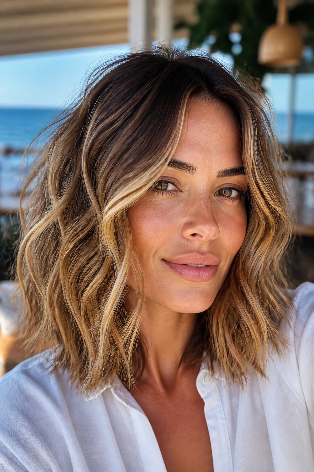 Portrait of a real person with caramel lob and beachy undone waves in sunny outdoor setting.