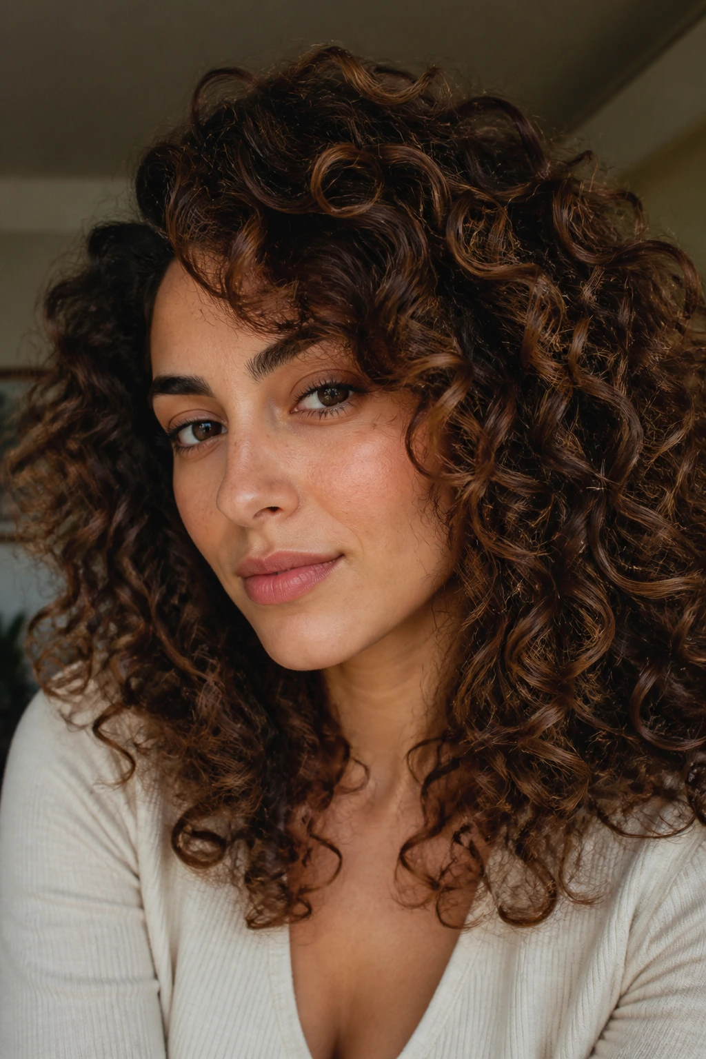 Close-up of a real woman with curly hair and caramel brown lowlights on olive skin