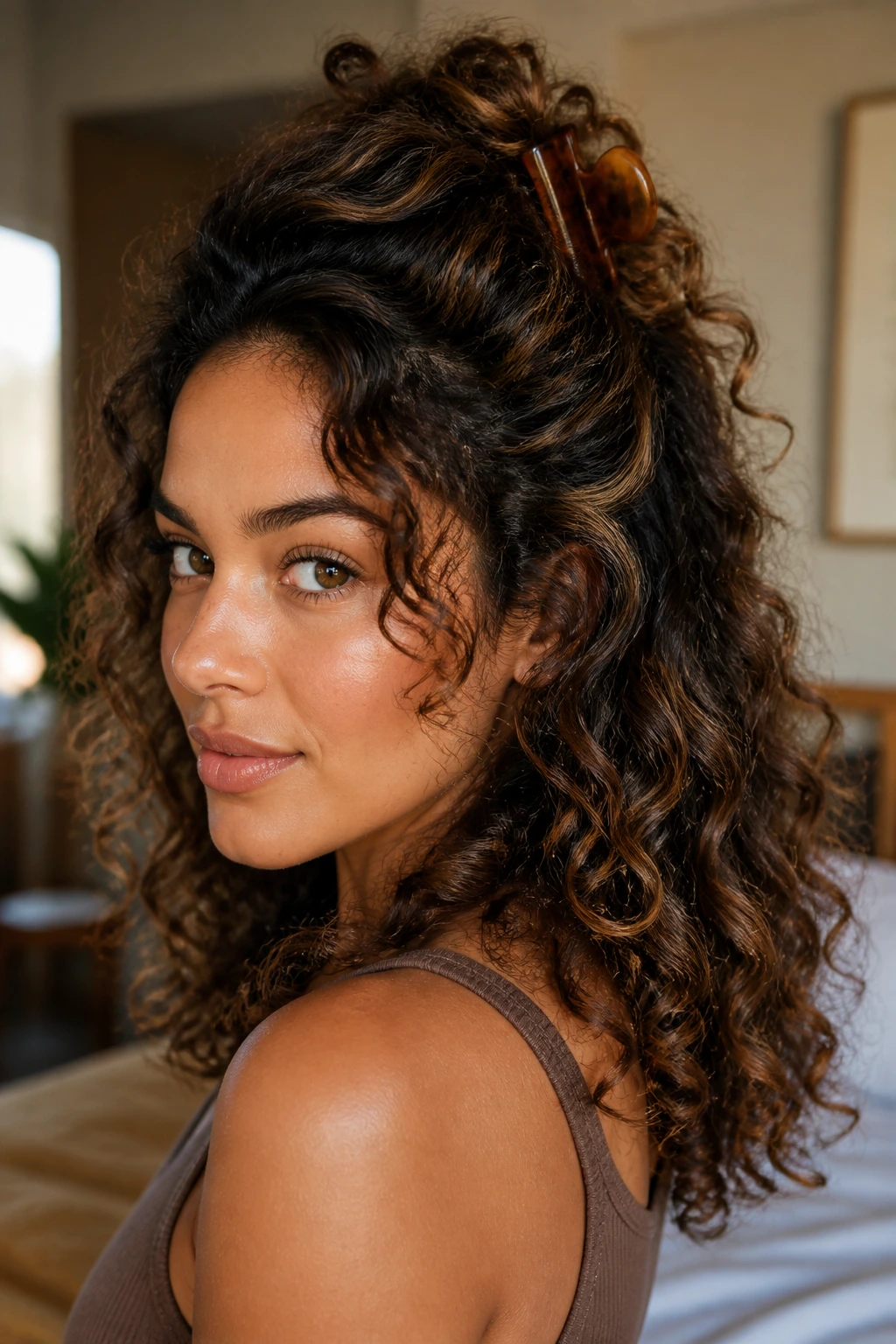 Close-up of half-up curly hairstyle showing dimension from caramel lowlights