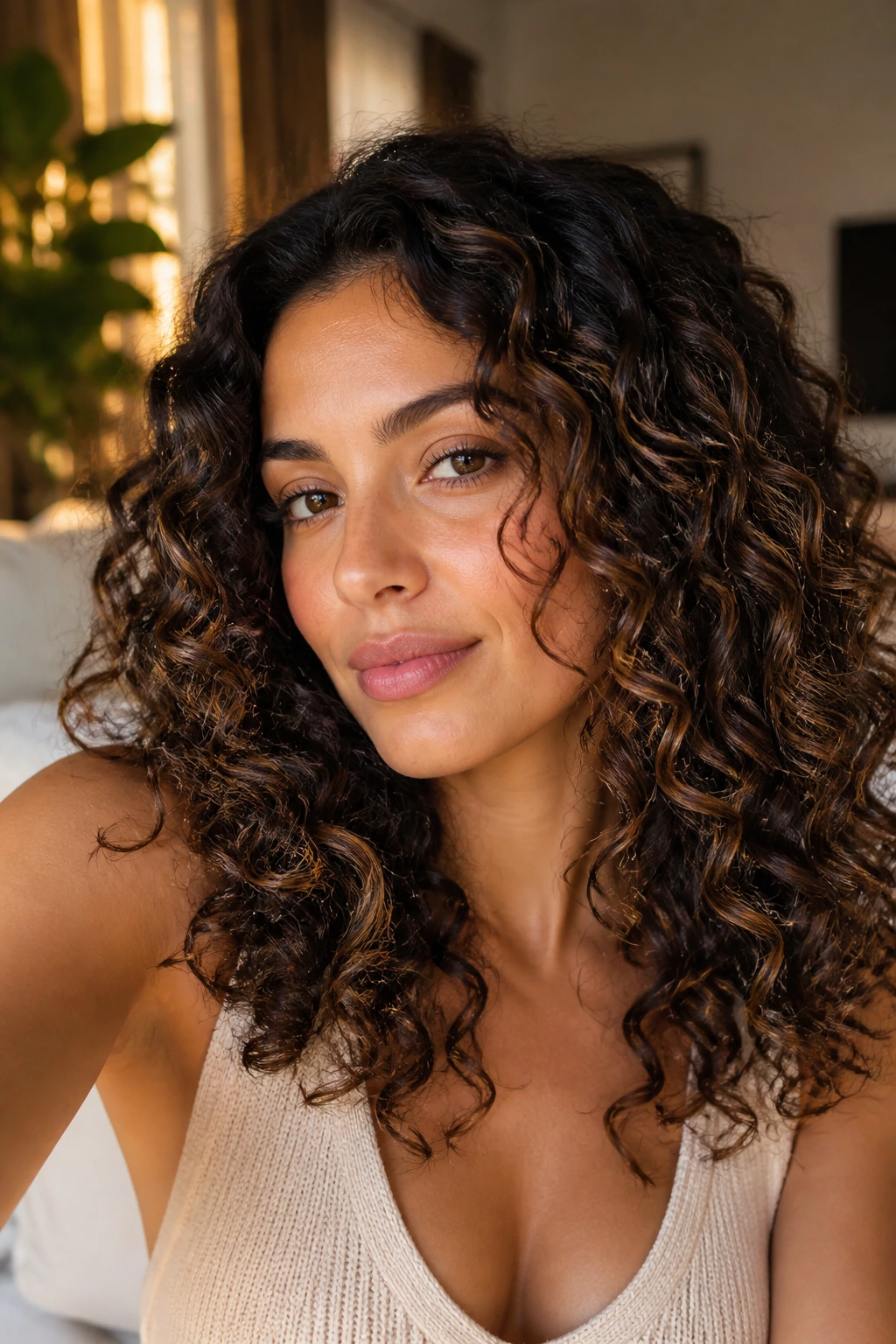 Close-up portrait of a real woman with olive skin and curly hair featuring caramel brown lowlights