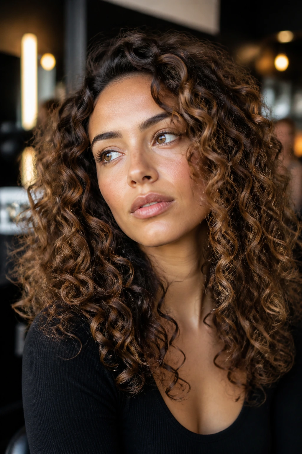 Thoughtful portrait of woman with caramel lowlights in a salon