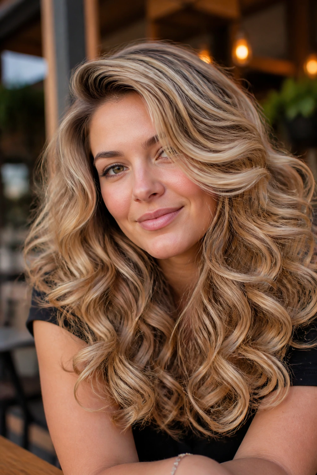 Close-up portrait of a real woman with voluminous side-part curls and caramel lowlights