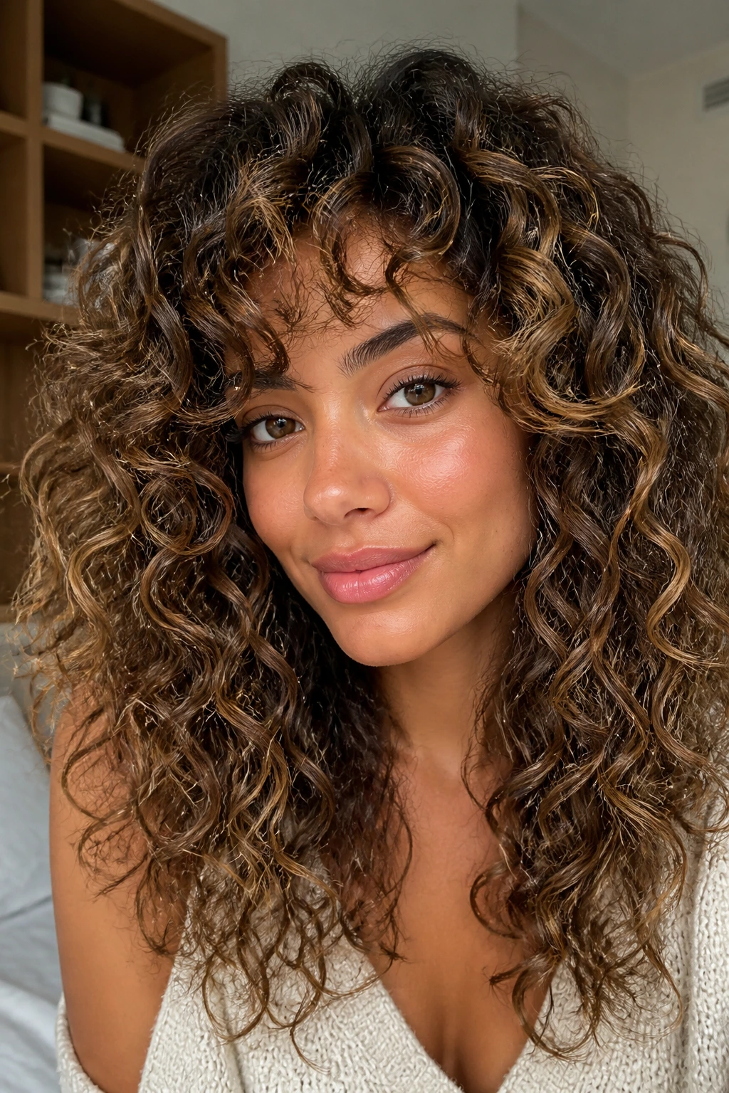 Close-up of curly hair with multi-toned caramel lowlights beige caramel mocha chestnut