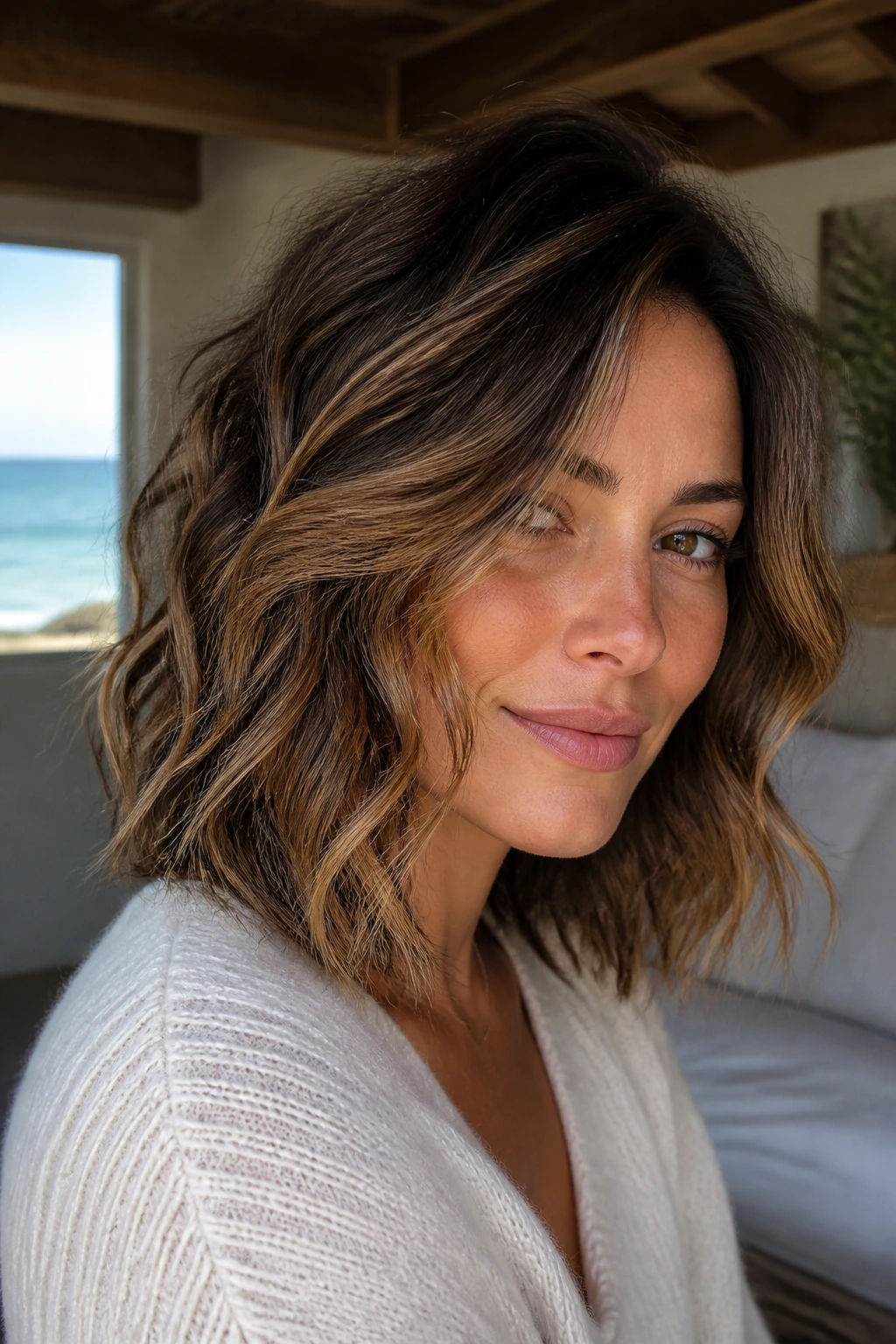 Real woman with caramel-threaded wavy bob and dimensional lowlights