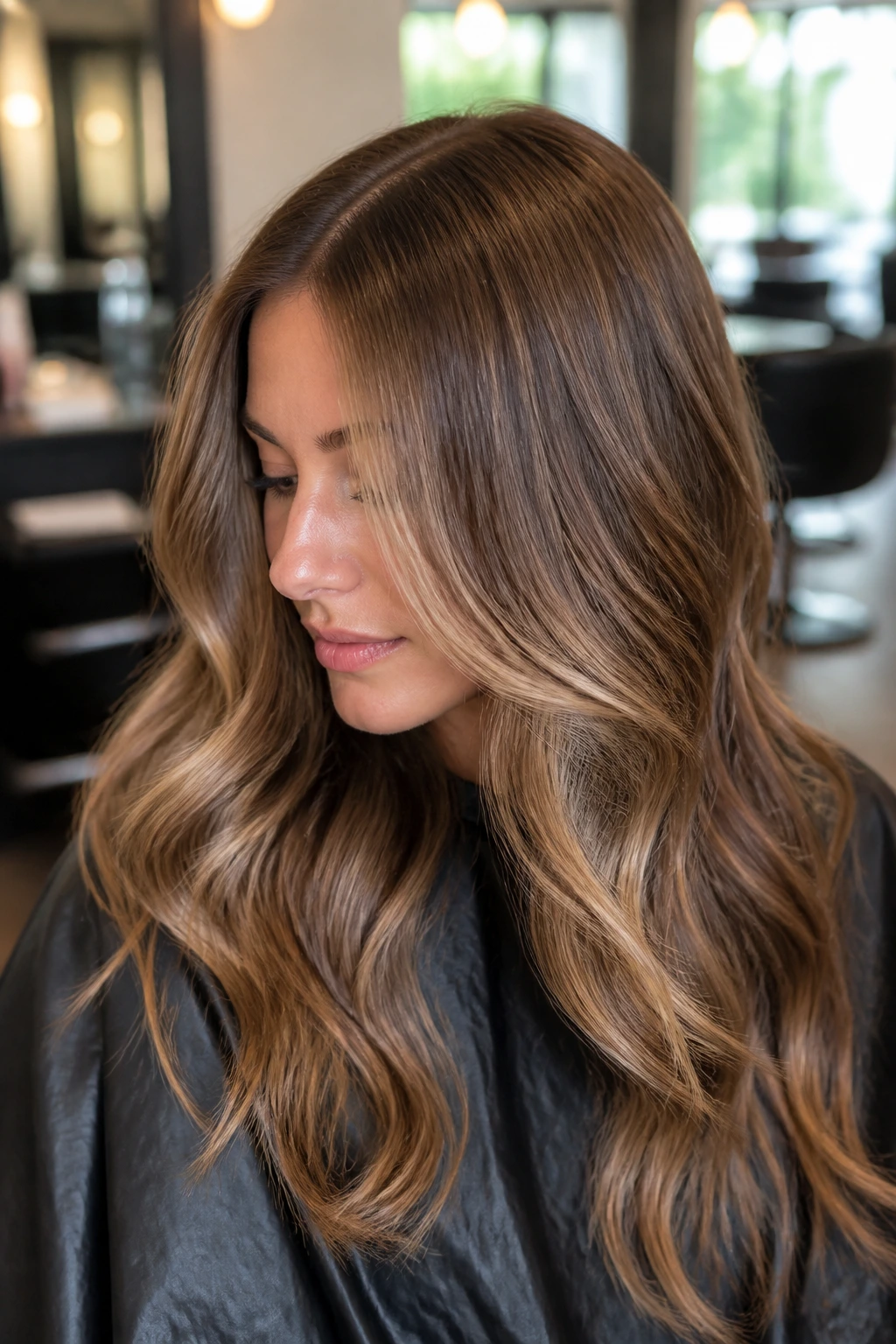 Salon scene with glossy caramel hair in chair