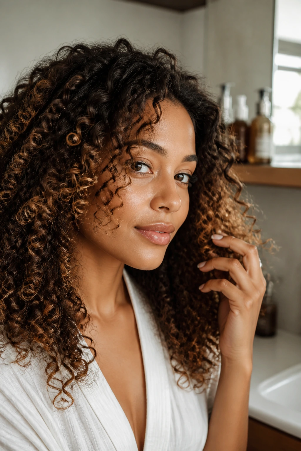 Curly textured hair with caramel highlights and healthy shine