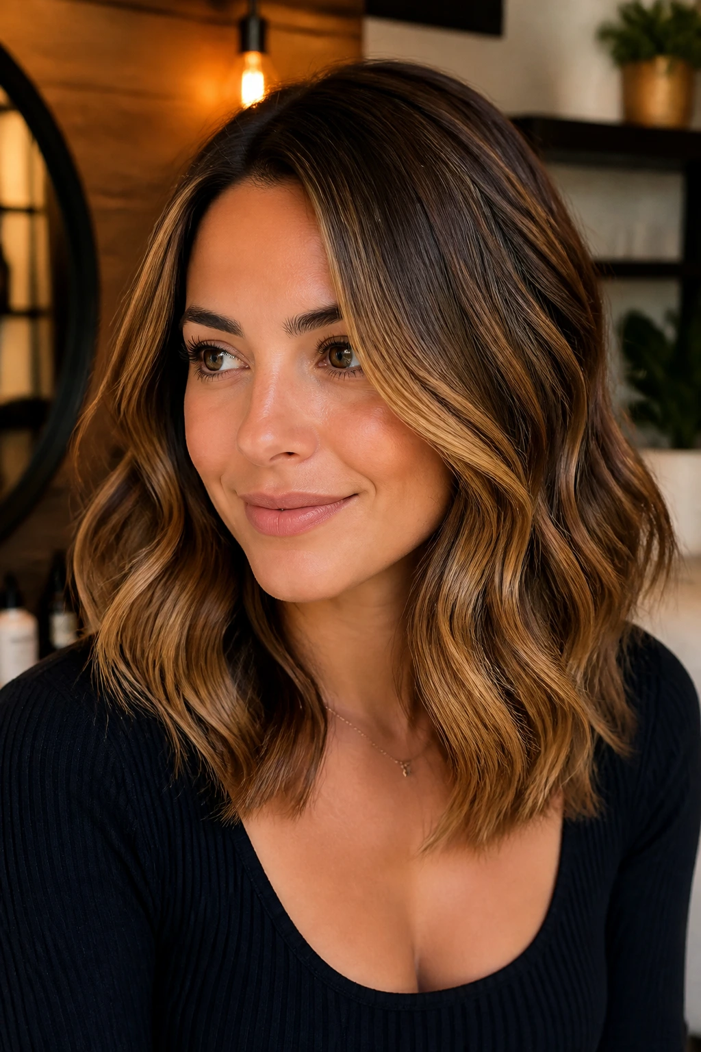 Woman with caramel-highlighted medium waves in a cozy setting.