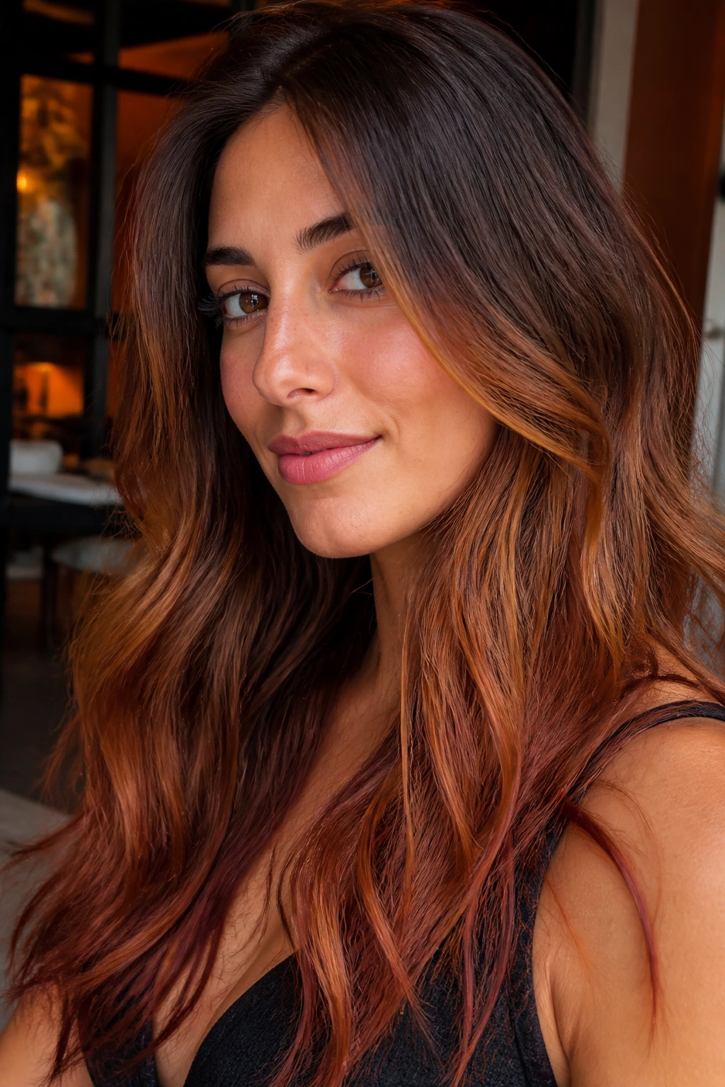 Brunette with caramel mid-lengths and auburn ends on olive skin.