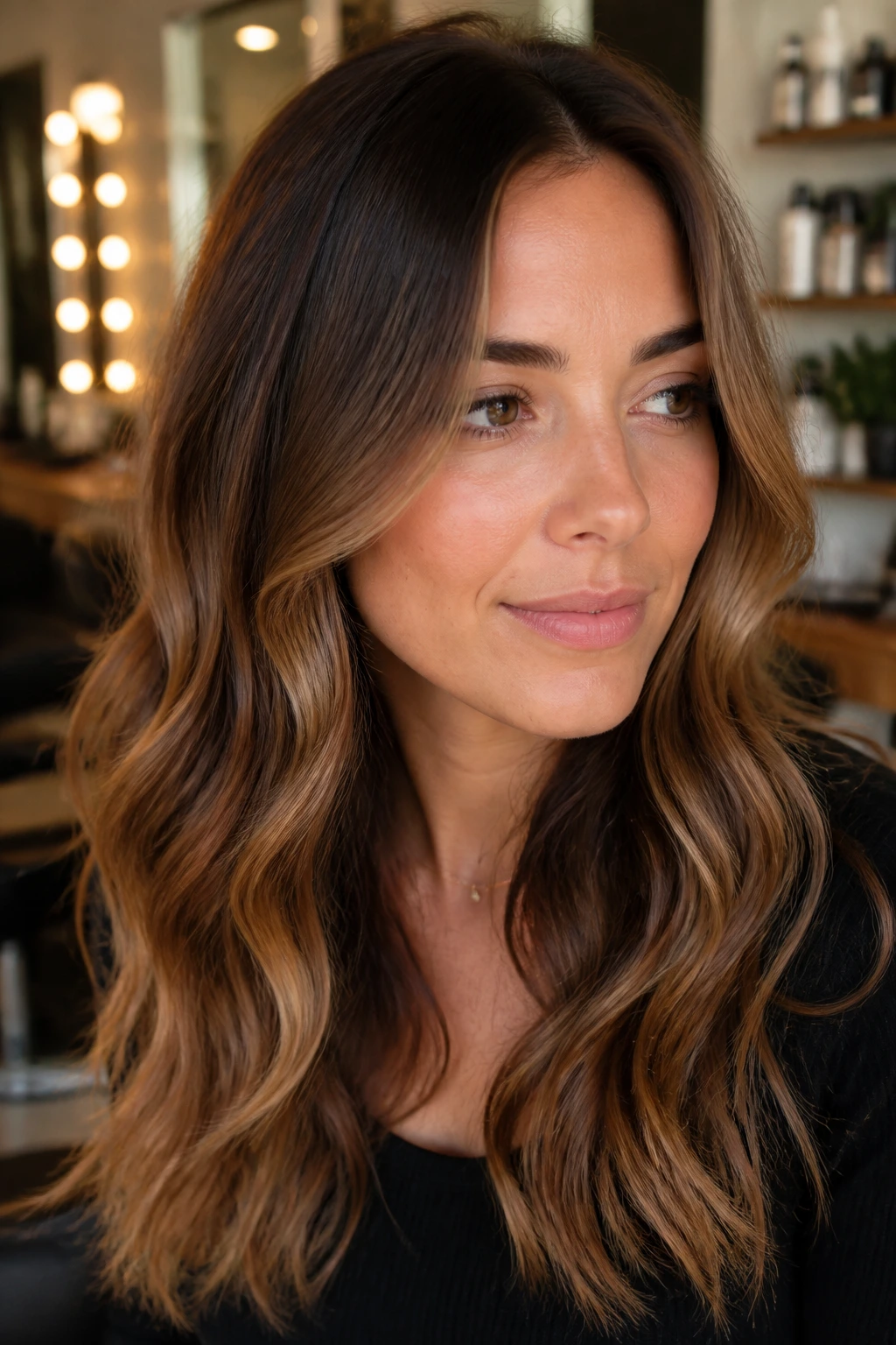 Close-up of brunette hair with caramel melt highlights in a salon-like setting