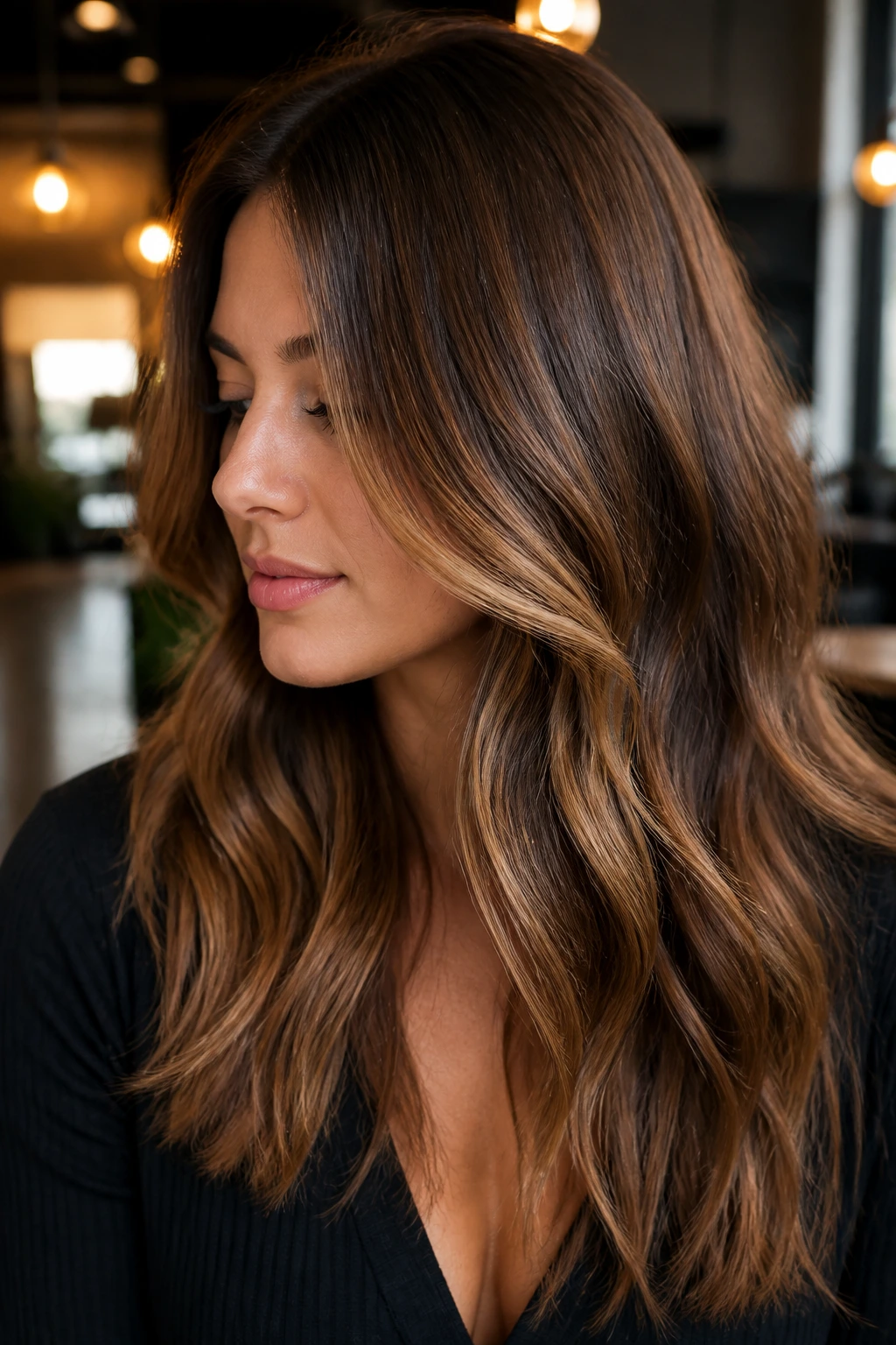 Close-up of medium brown hair with caramel midlights and glossy finish