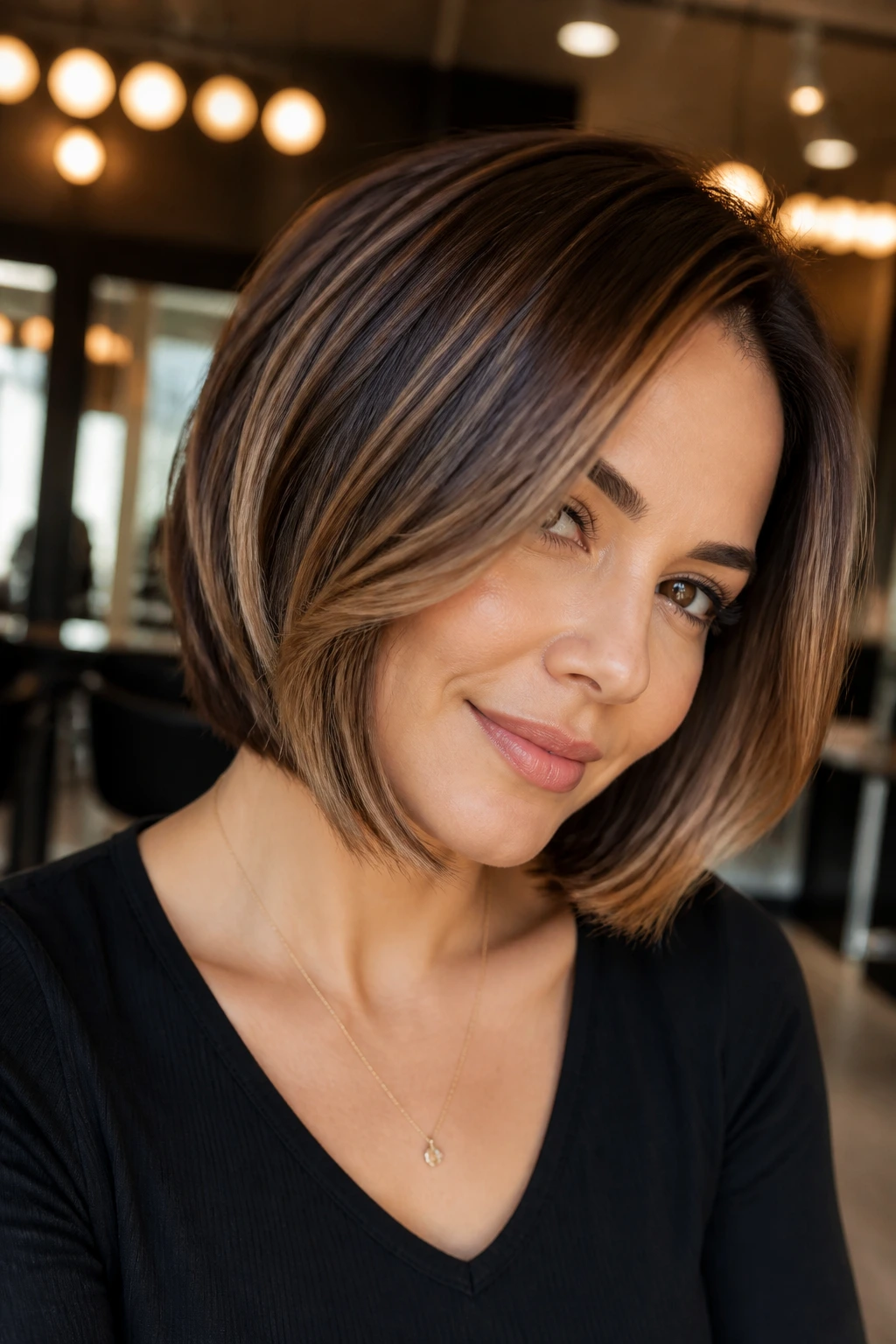 Close-up portrait of a brunette with a caramel mocha bob and face-framing lighter tones.