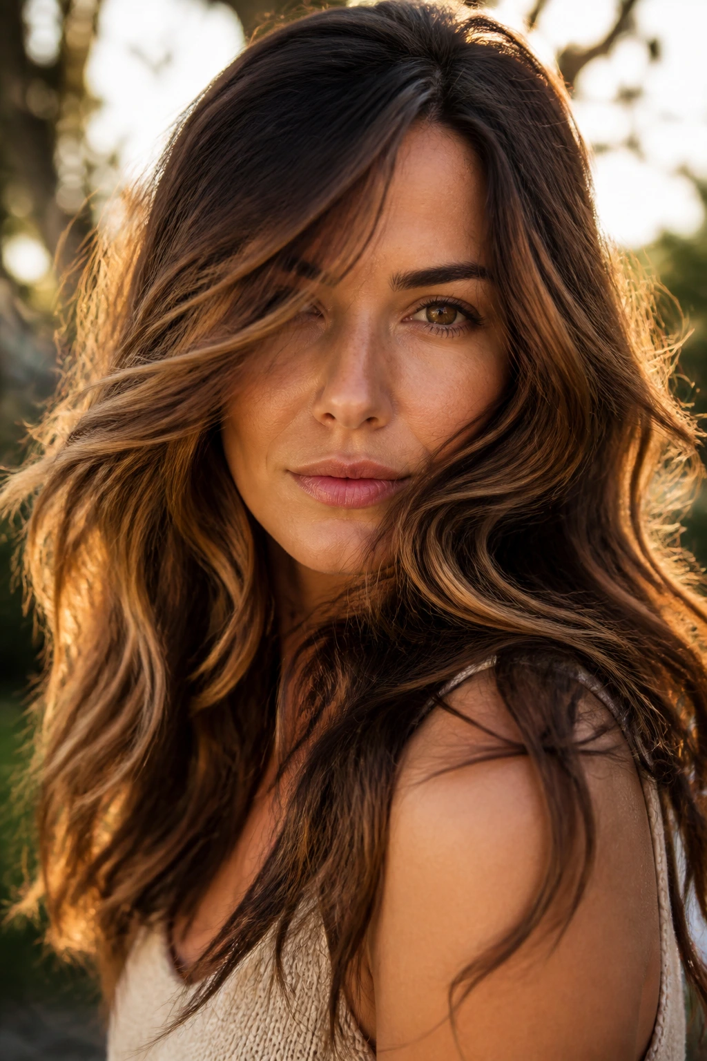 Brunette with moving caramel mocha highlights in soft waves