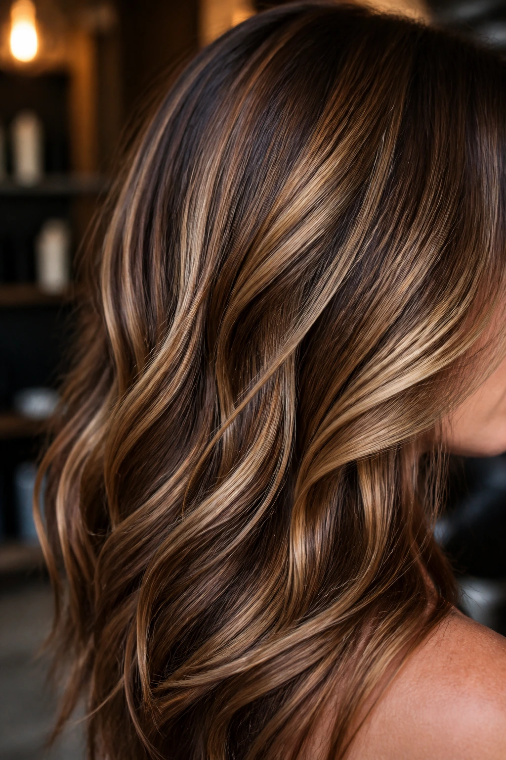 Macro close-up of hair strands showing caramel and mocha tones for depth.