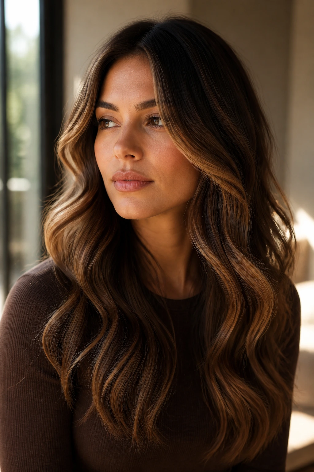 Real brunette with caramel mocha hair in loose waves showing placement
