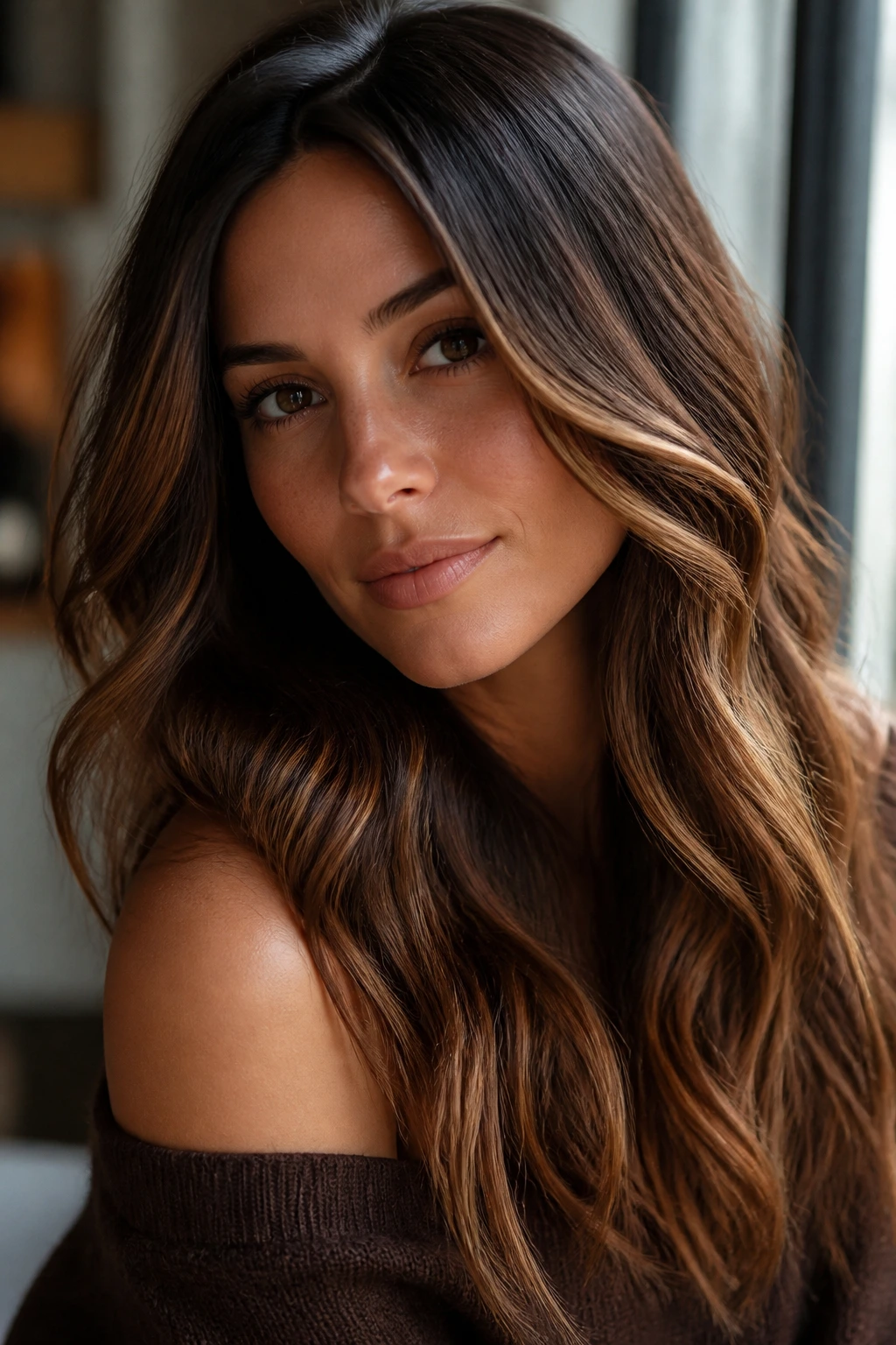 Brunette portrait showing caramel and mocha undertones in hair