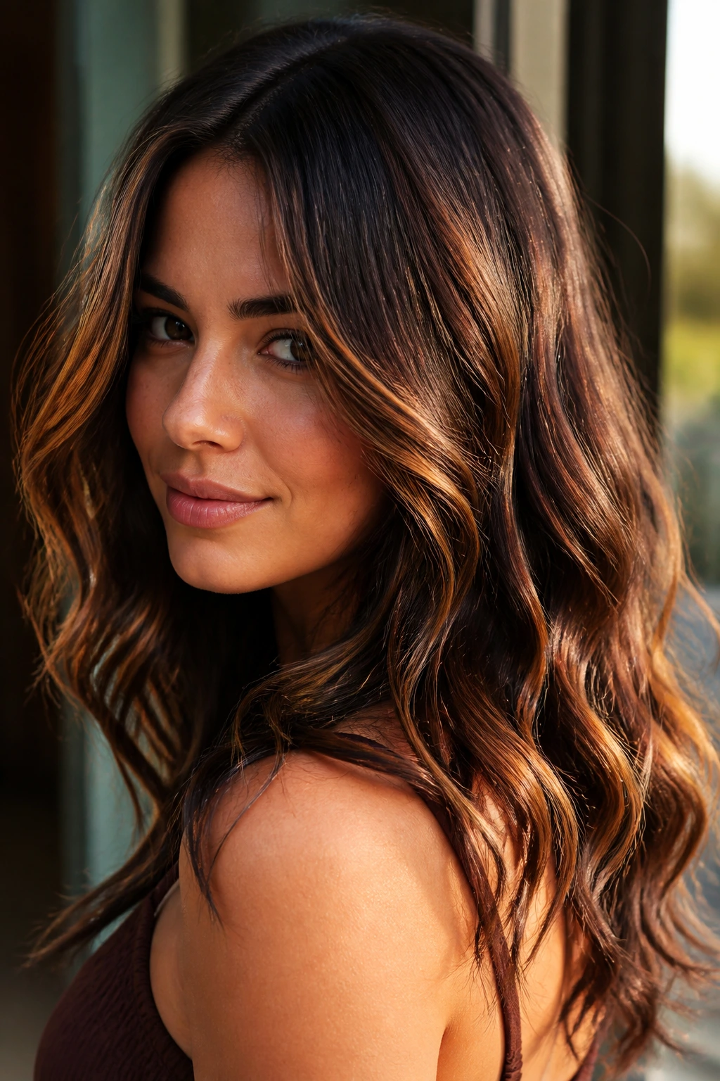 Brunette with multiple caramel mocha variations in hair