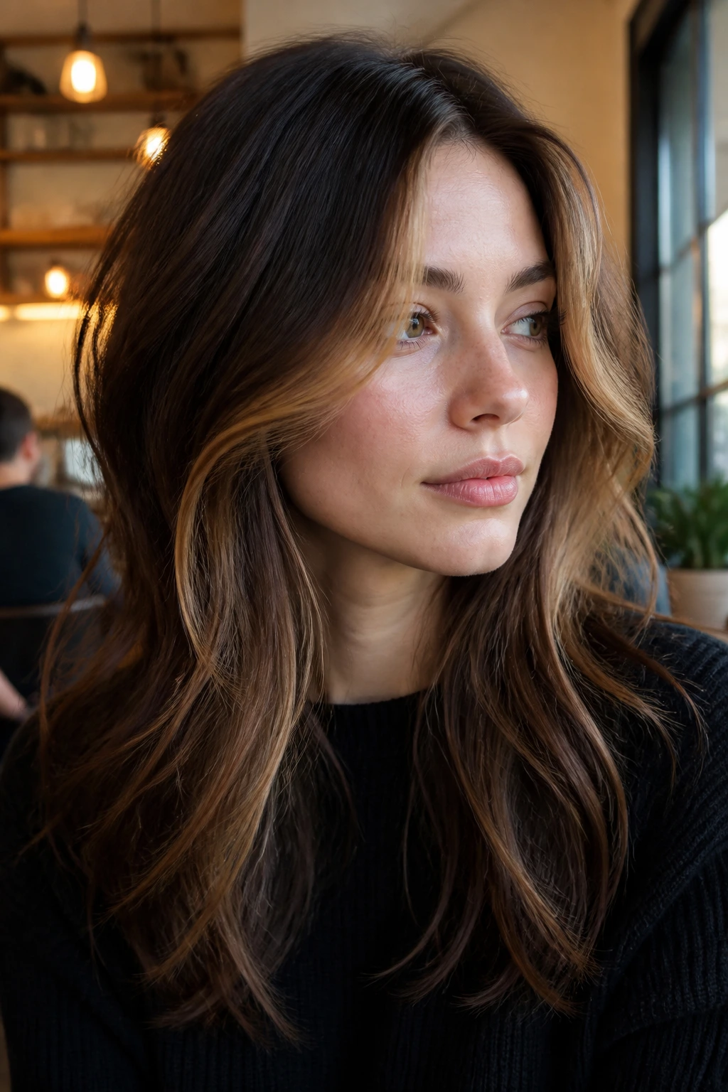 Close-up of a real woman with a caramel money piece framing the face on wispy layered hair