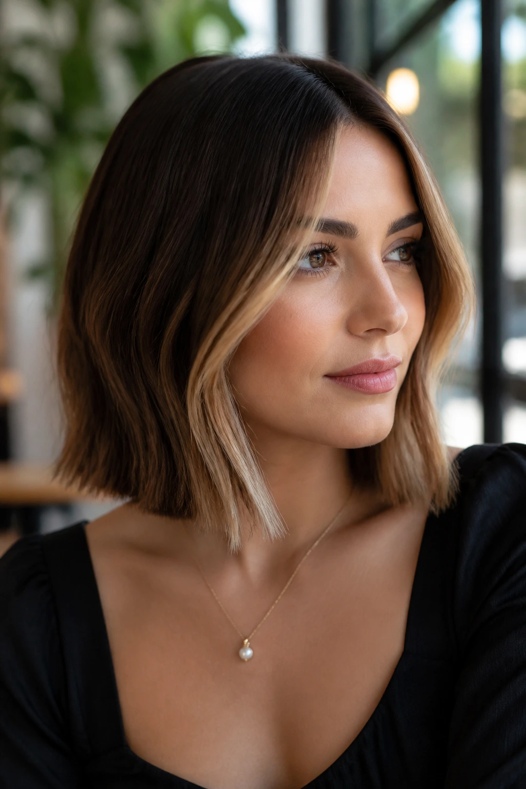 Close-up of a woman with caramel money pieces on a blunt lob framing the face