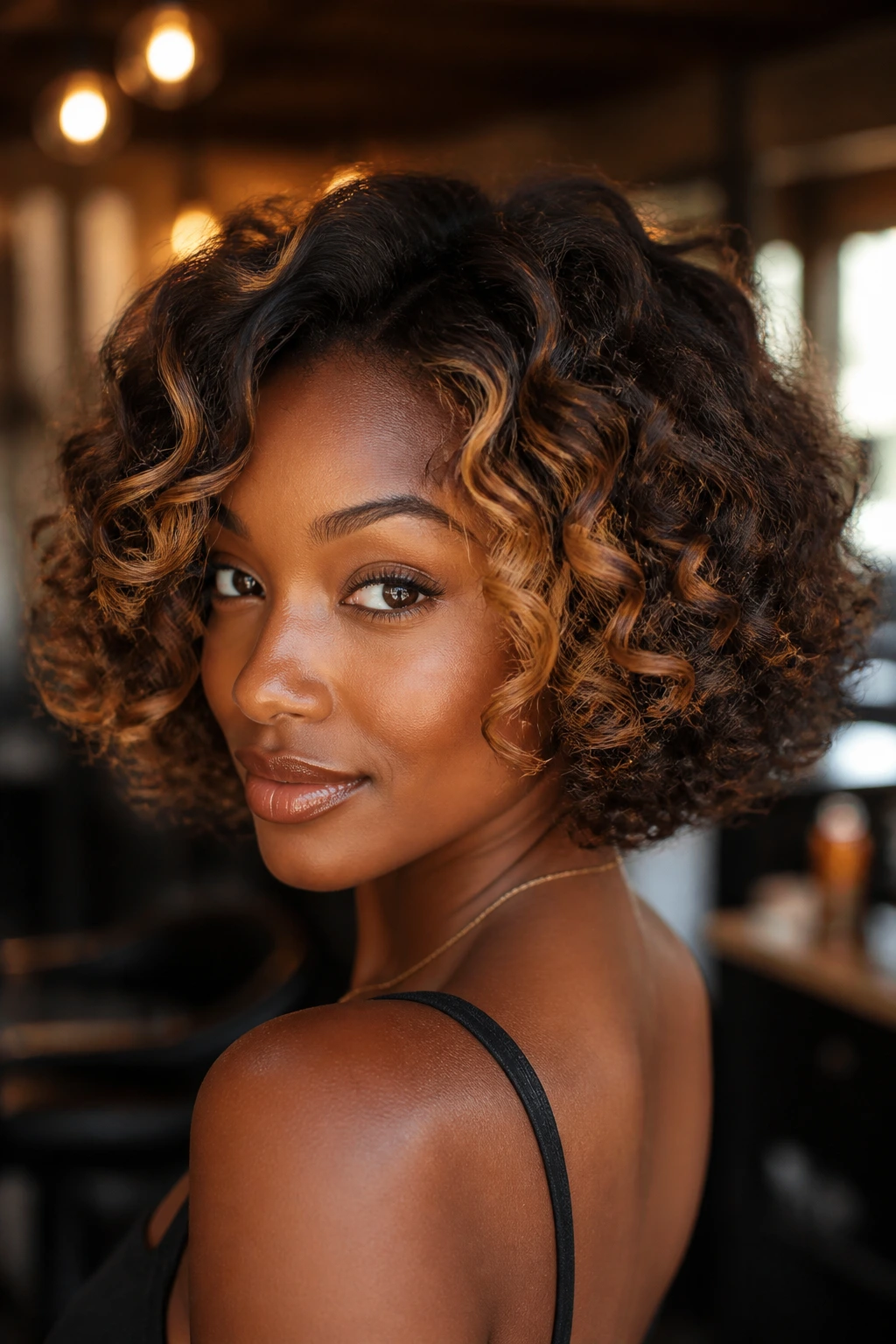 Curly bob with caramel money piece at the front