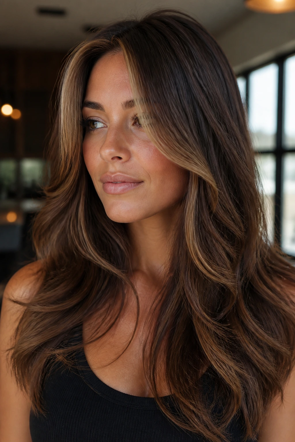 Brunette with chestnut base and caramel money piece framing the face