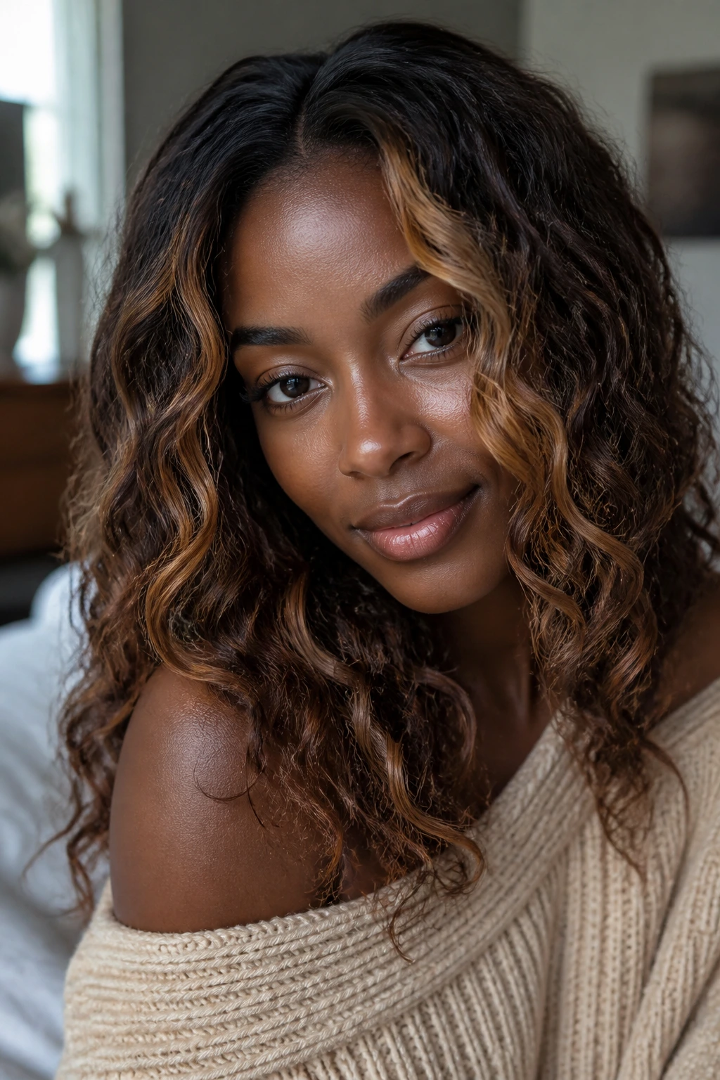 Close-up of a real person with caramel money-piece on loose curls