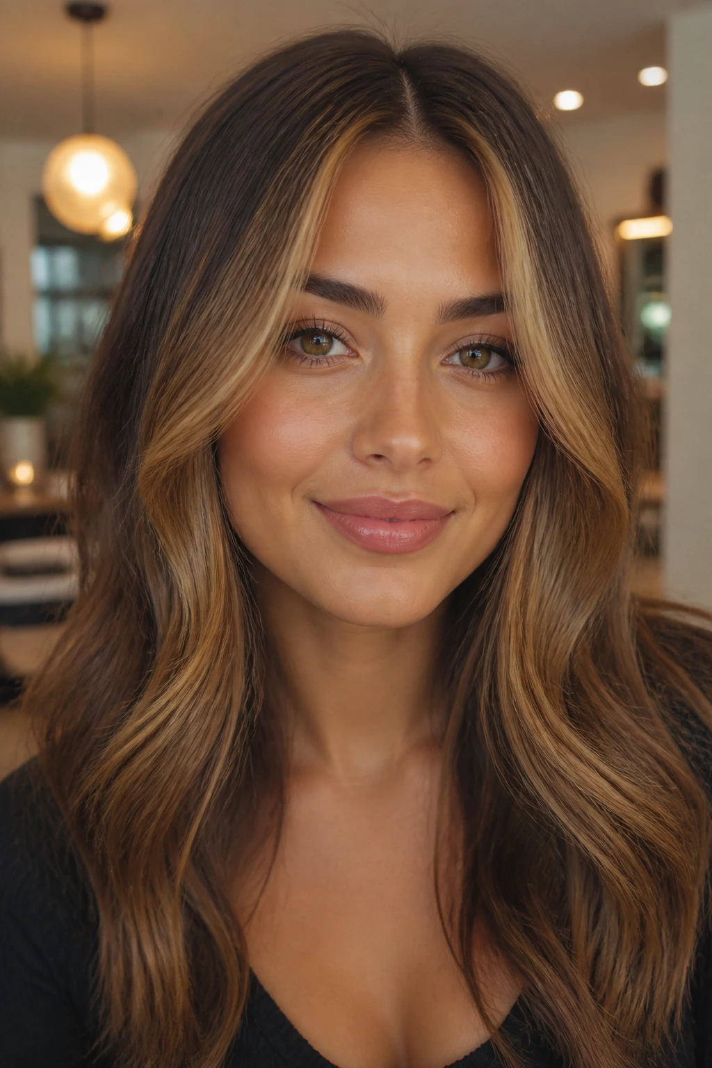 Olive-skinned person with caramel honey money pieces framing the face.