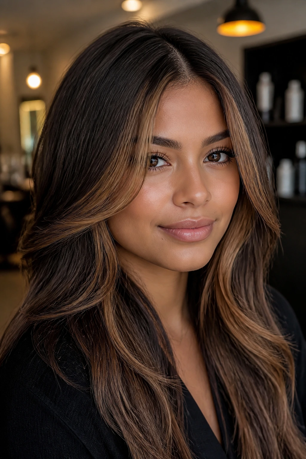 Close-up of a real woman with caramel money-piece layers framing the face in warm indoor lighting