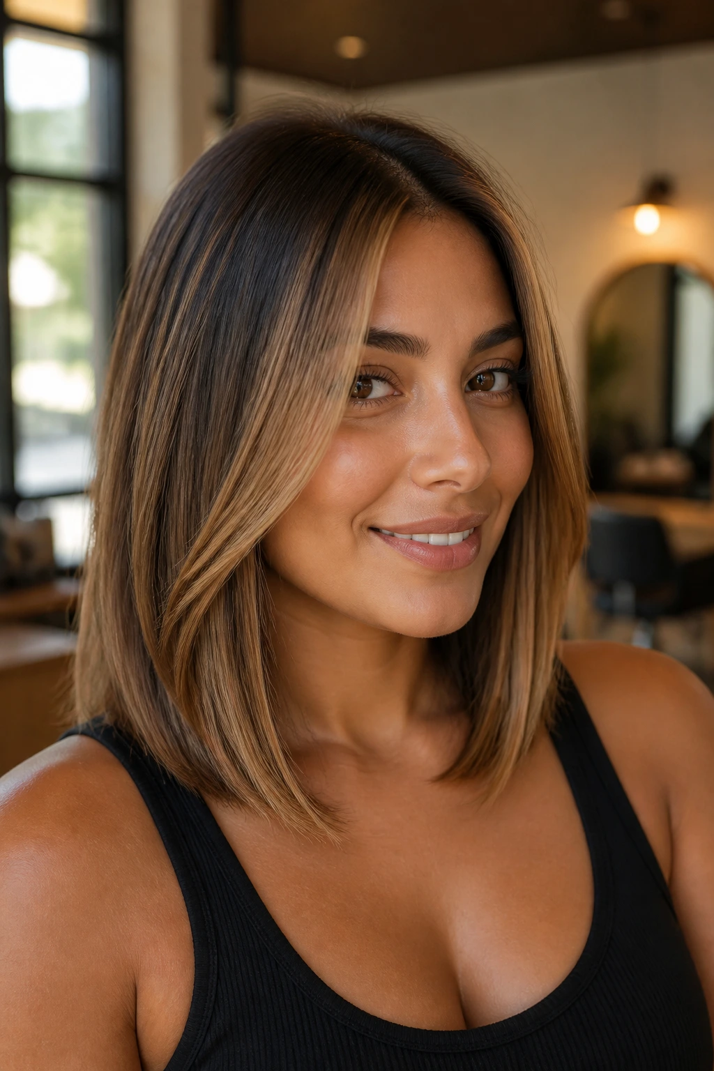 Close-up portrait of a real woman with caramel money-piece lob on tan skin