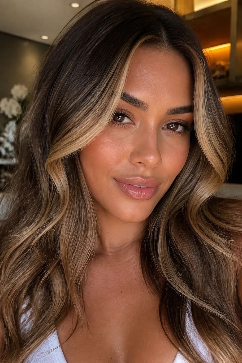 Portrait showing caramel money piece with root shadow on tan skin