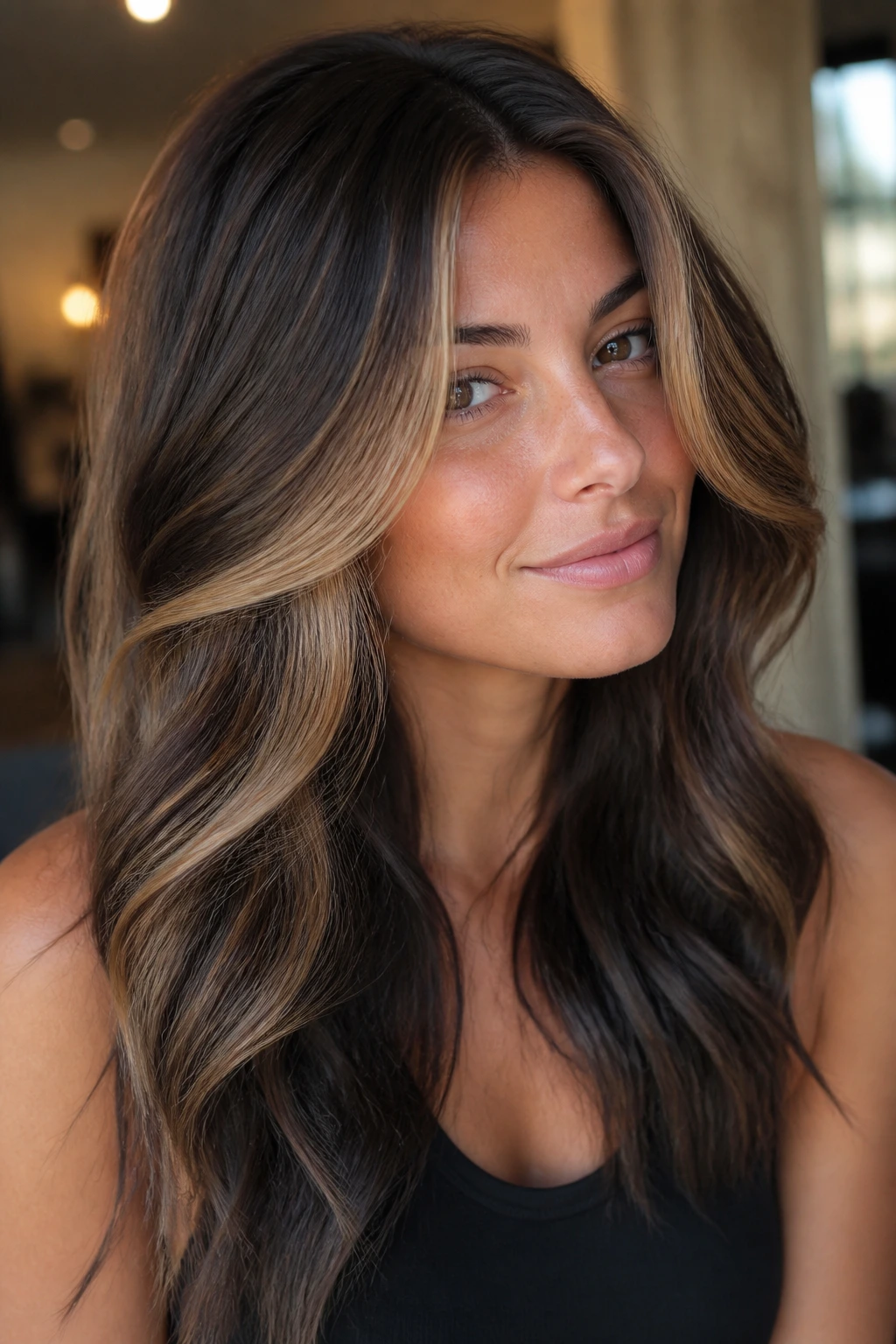 Brunette with caramel money piece and smoky ends around the face