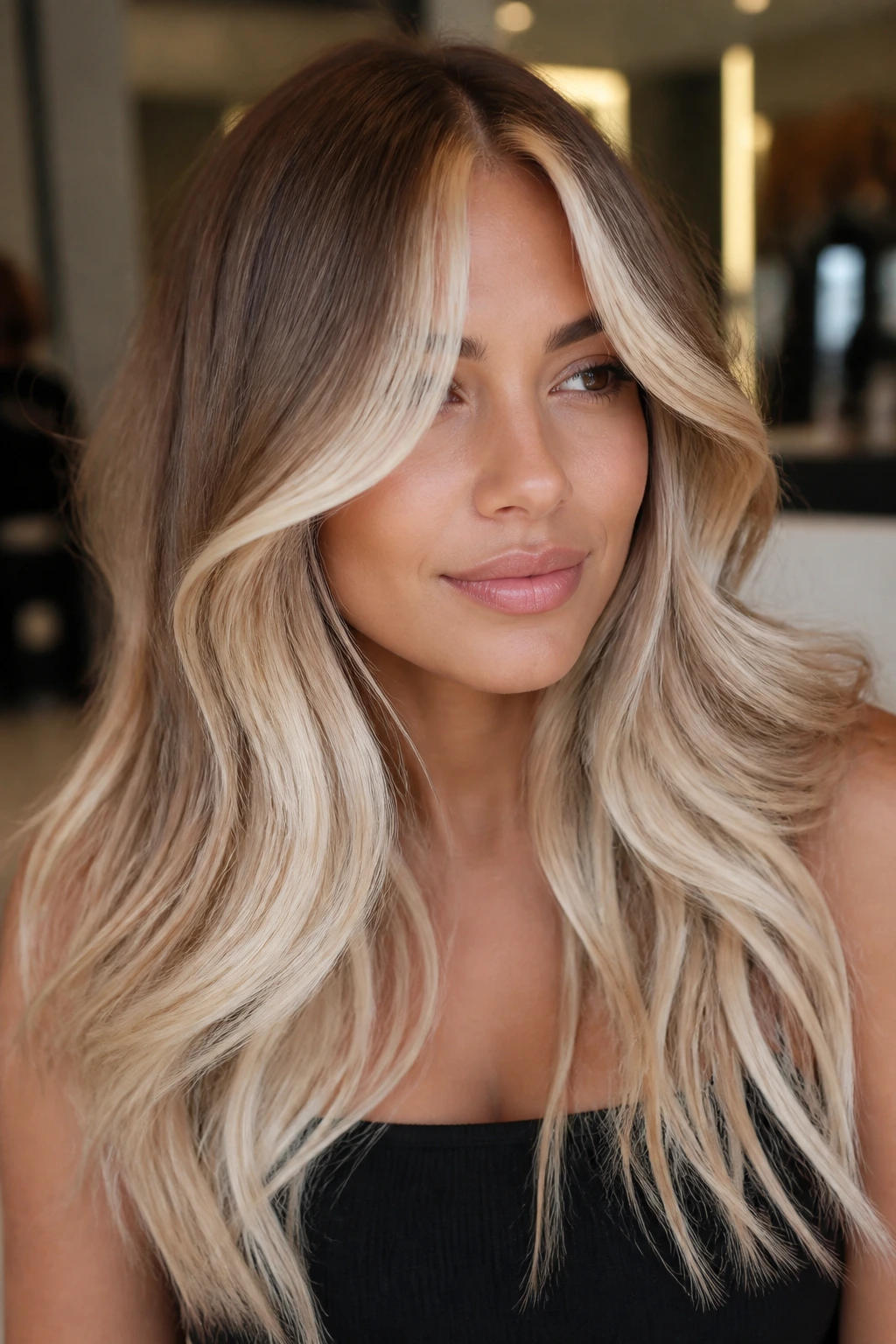 Close-up portrait of a real person showing caramel base with a platinum money piece framing the face in soft salon lighting