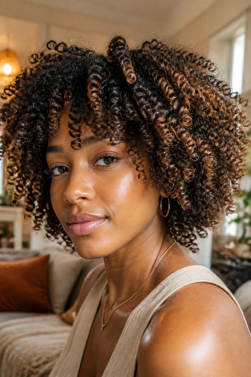 Close-up of natural curls with caramel accents