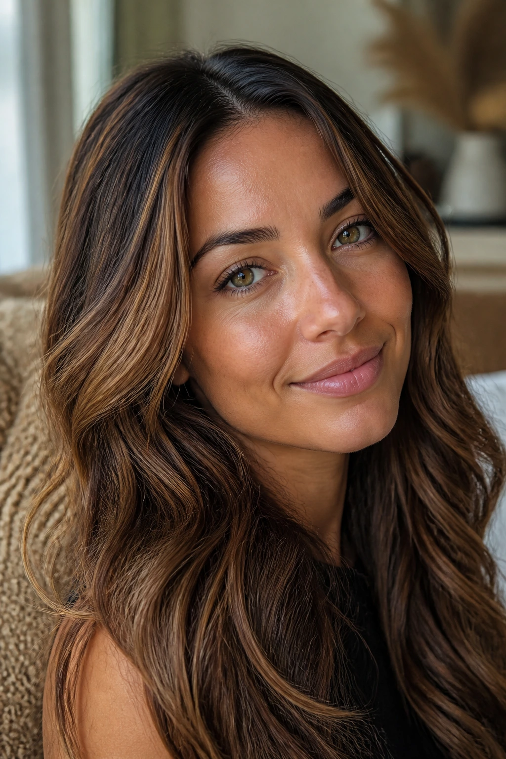 Portrait showing caramel highlights on olive-toned skin under natural daylight