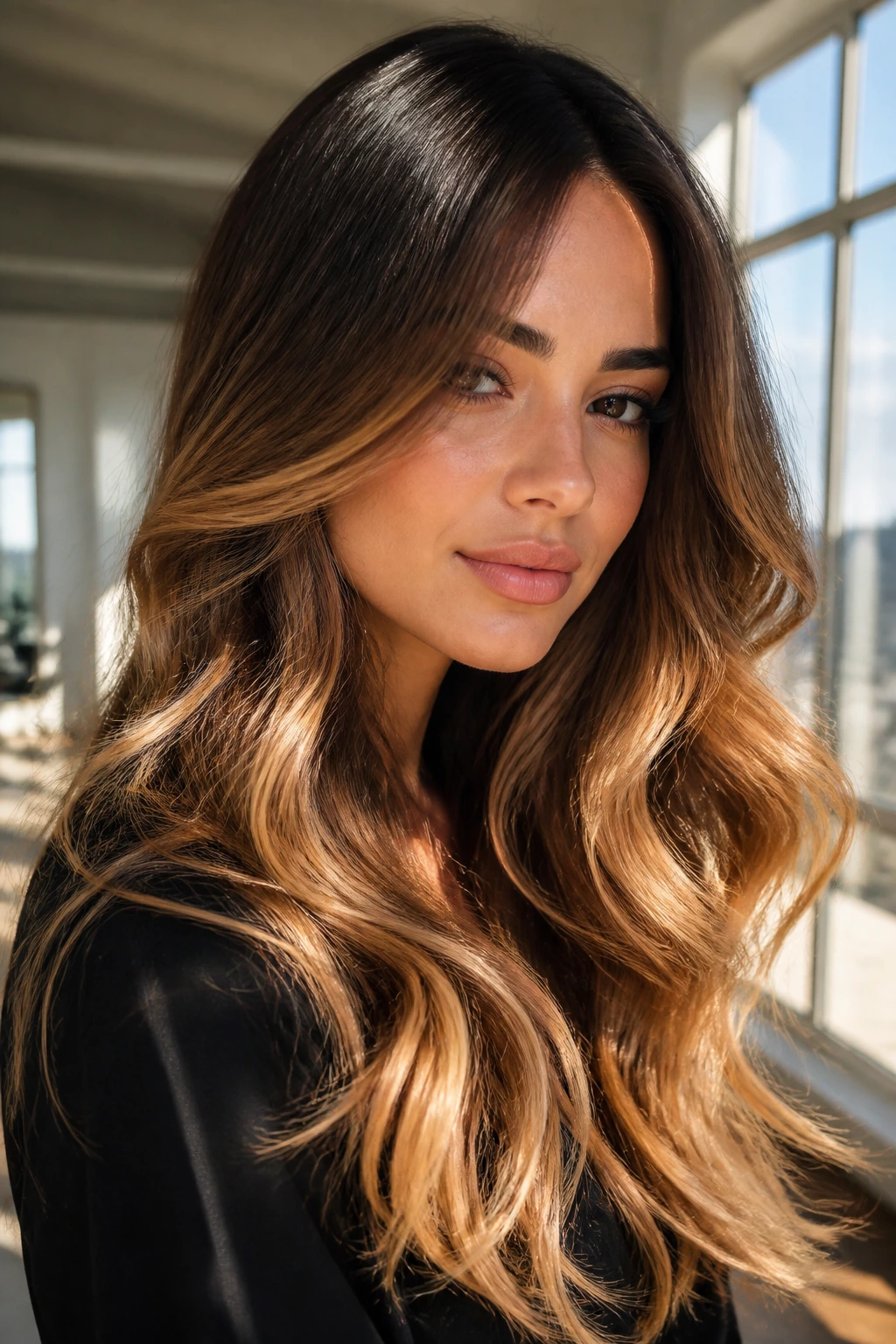 Brunette with dark root and caramel ombré cascade in long hair.
