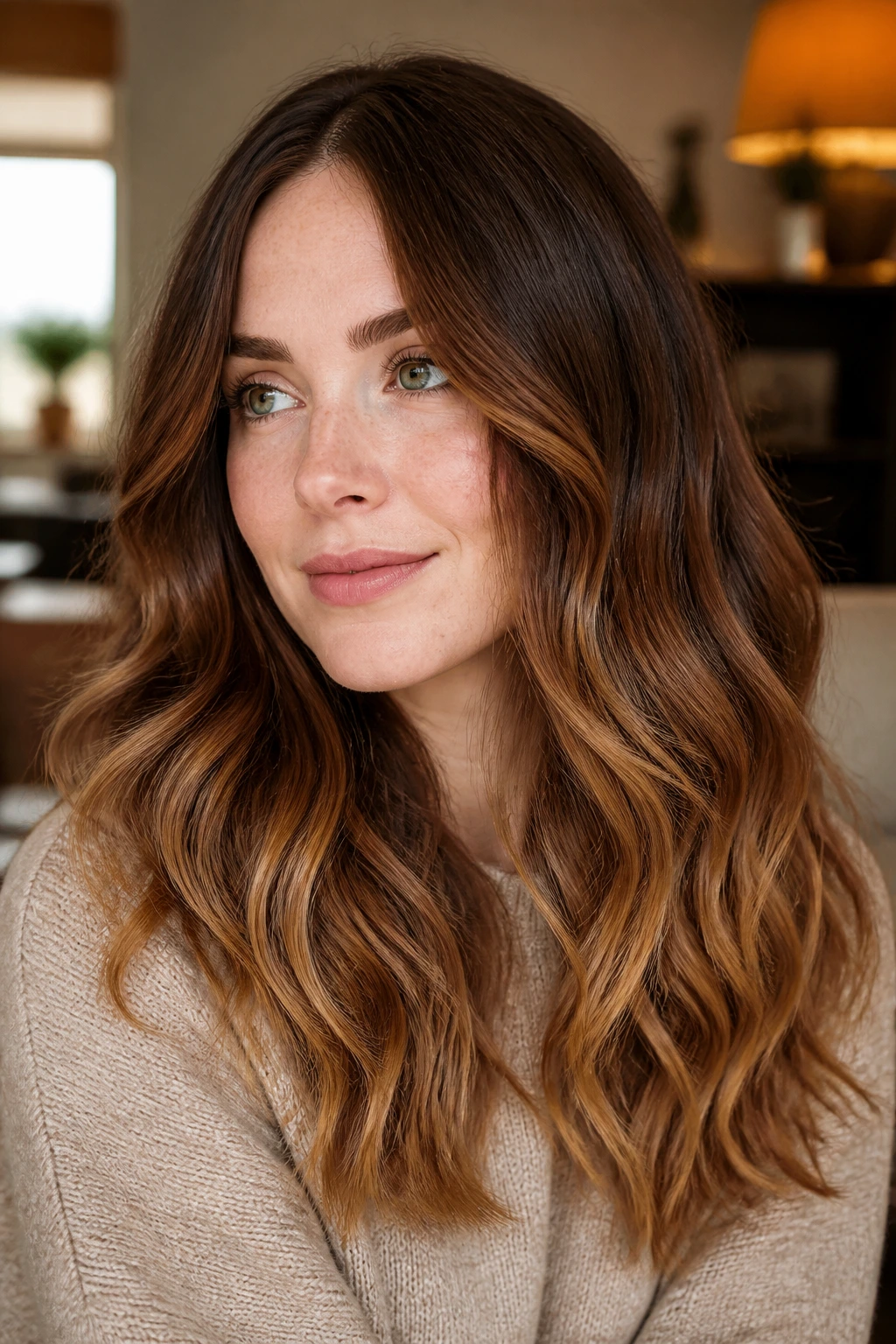 Close-up of a real woman with chestnut ombré and soft caramel melt