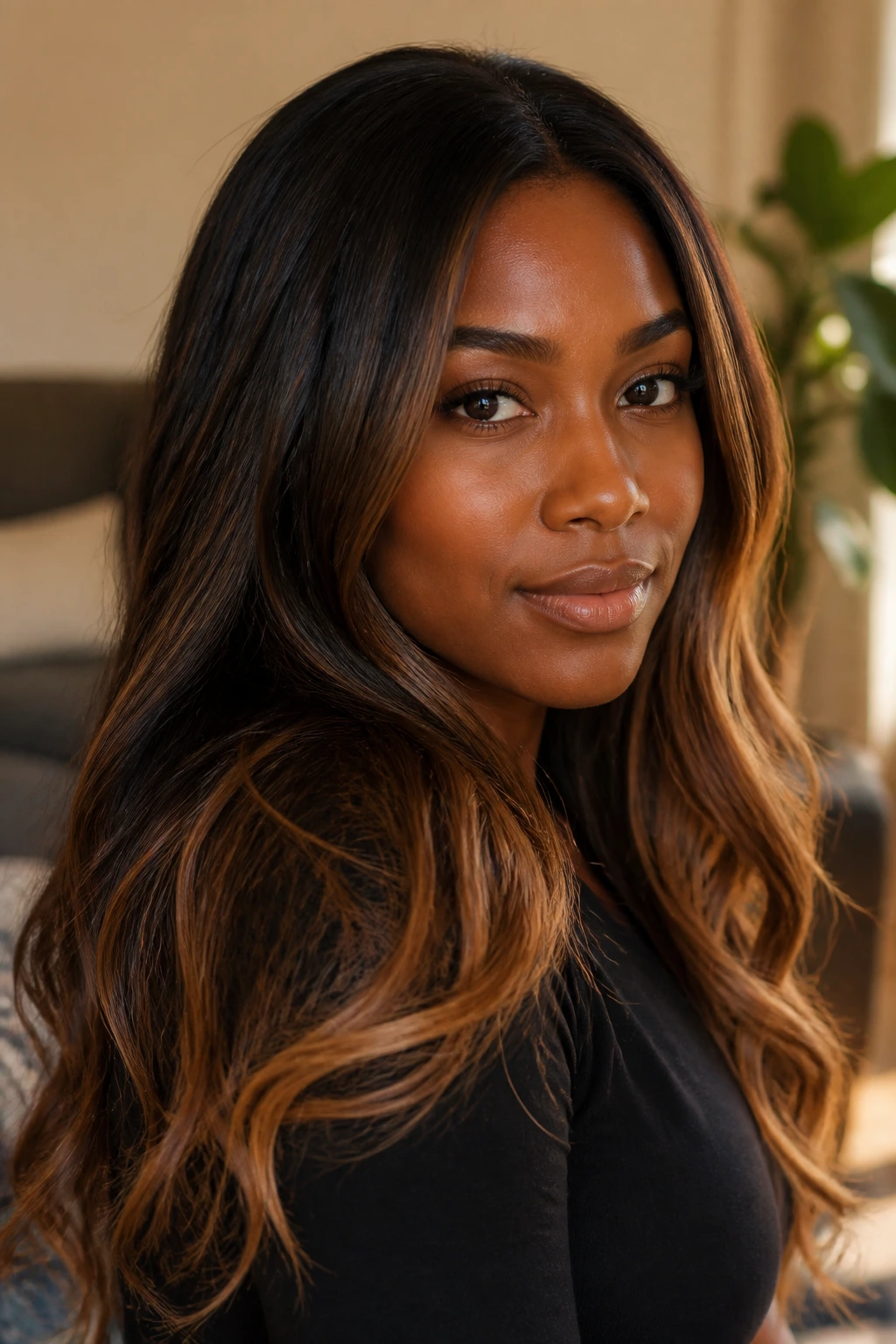 Close-up portrait of a real woman with caramel ombré ends on deep skin, warm light