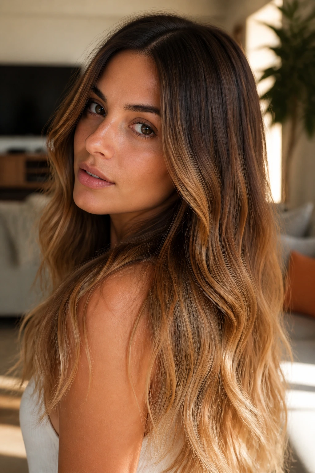 Close-up of a real woman's head showing soft caramel ombré hair gradient in warm living room light
