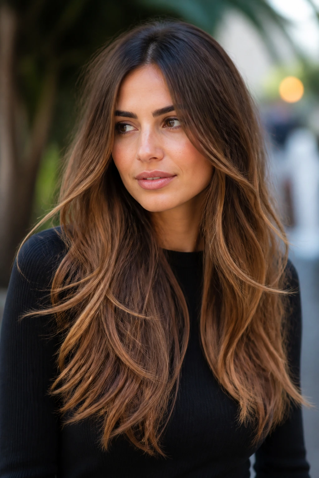 Close-up of brunette-to-caramel ombre on long layered hair.