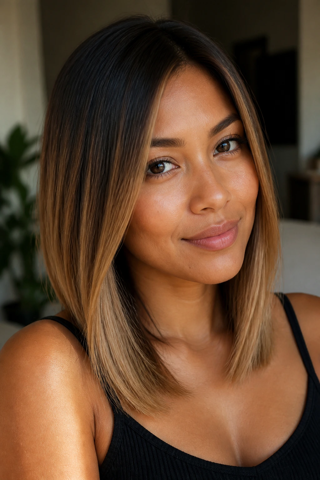 Close-up portrait of a real woman with caramel ombré on straight mid-length hair