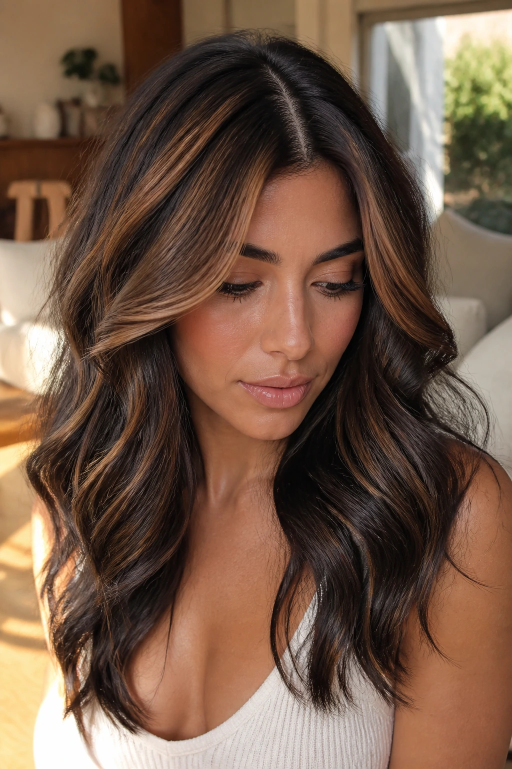 Brunette hair with caramel crown panels visible on the crown.