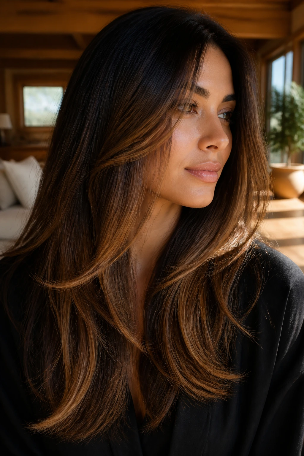 Portrait showing long layered caramel panels on dark hair