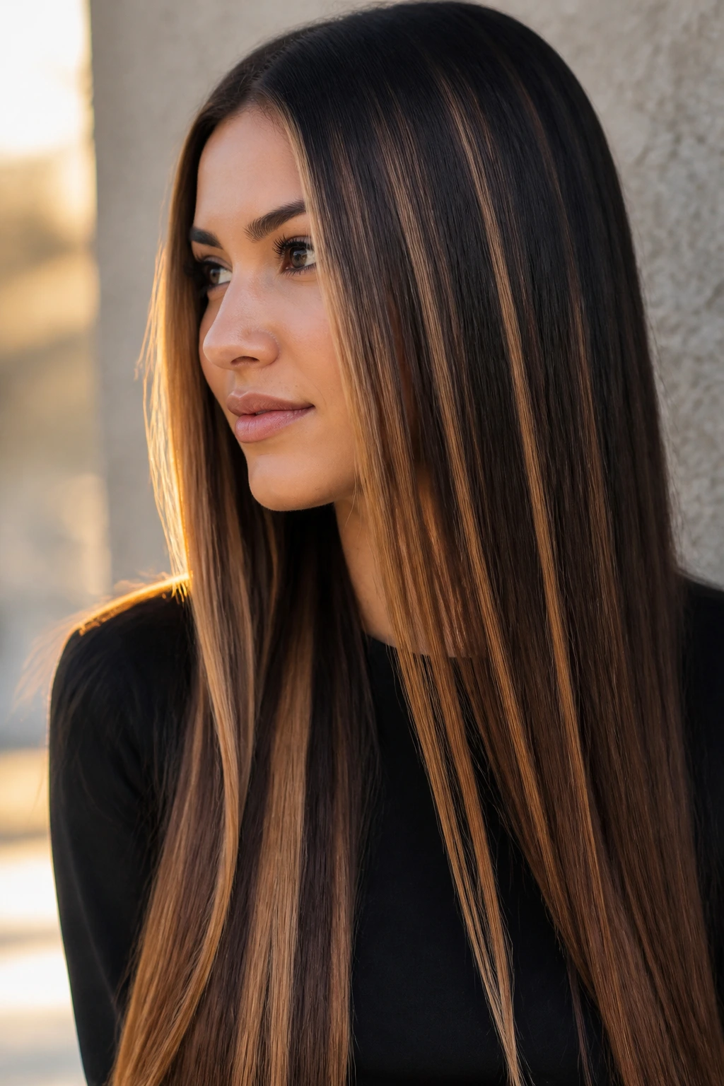 Close-up of a real woman with long straight brunette hair and crisp caramel panels