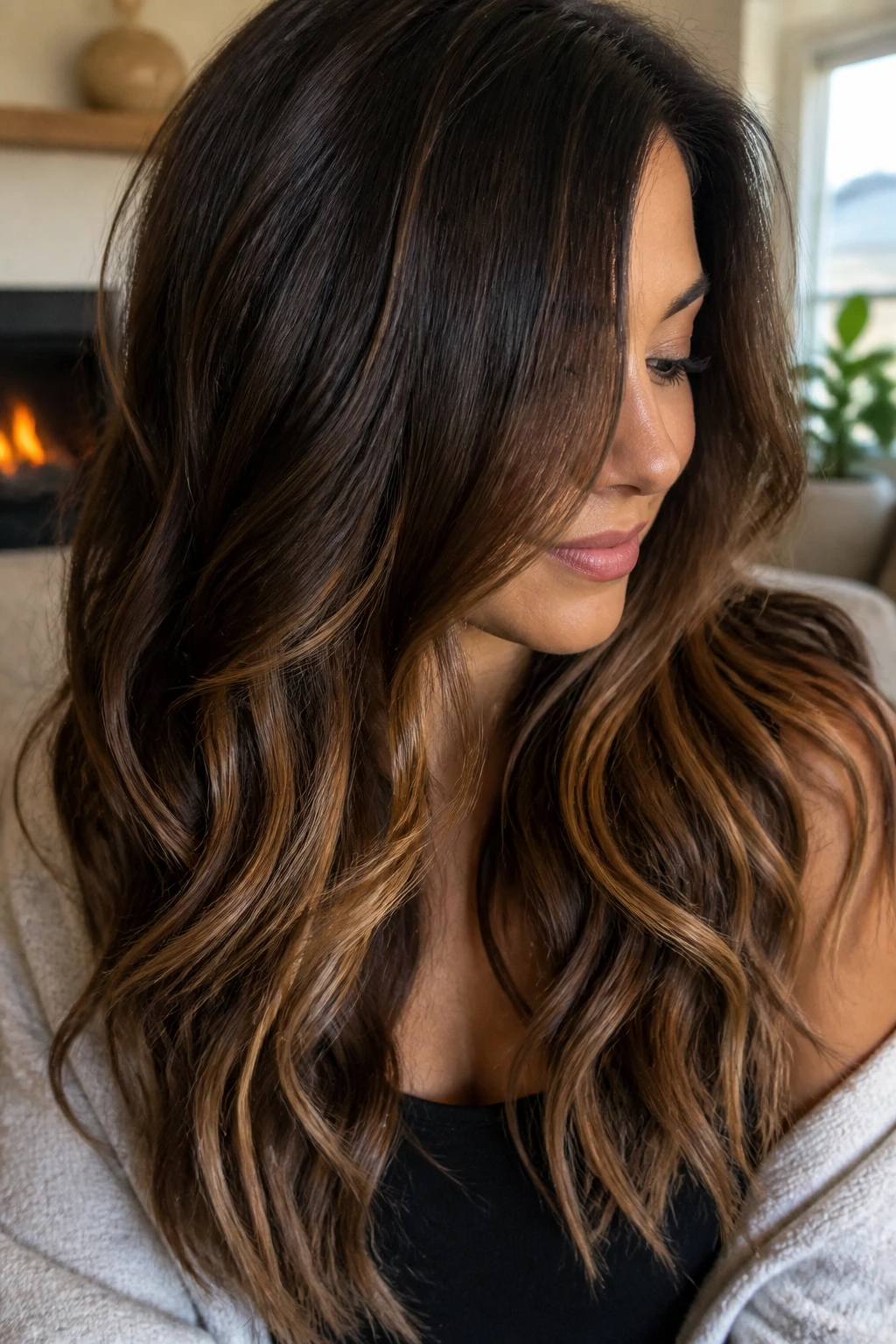 Close-up portrait of woman with caramel peekaboo layers under brunette hair.
