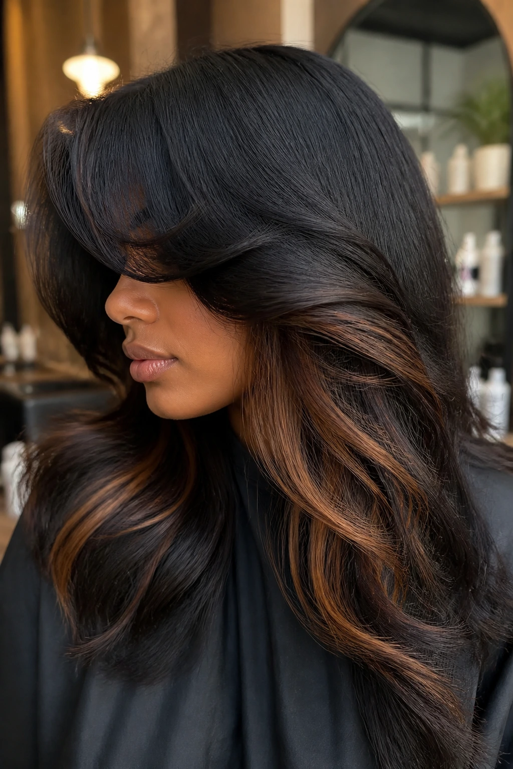 Close-up of a real woman with caramel peekaboo panels under dark hair in a salon