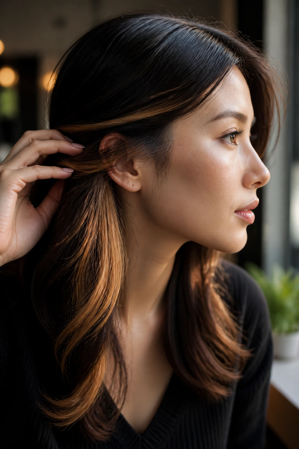 Side-profile portrait showing hidden caramel peekaboo panels under the top hair layer