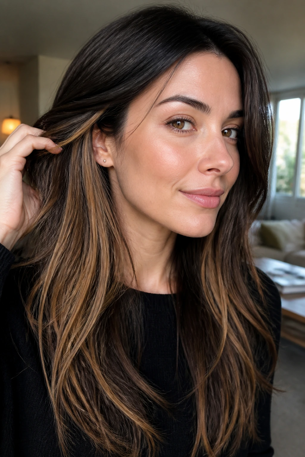 Close-up of a real woman with caramel peekaboo panels under long brunette layers in warm window light