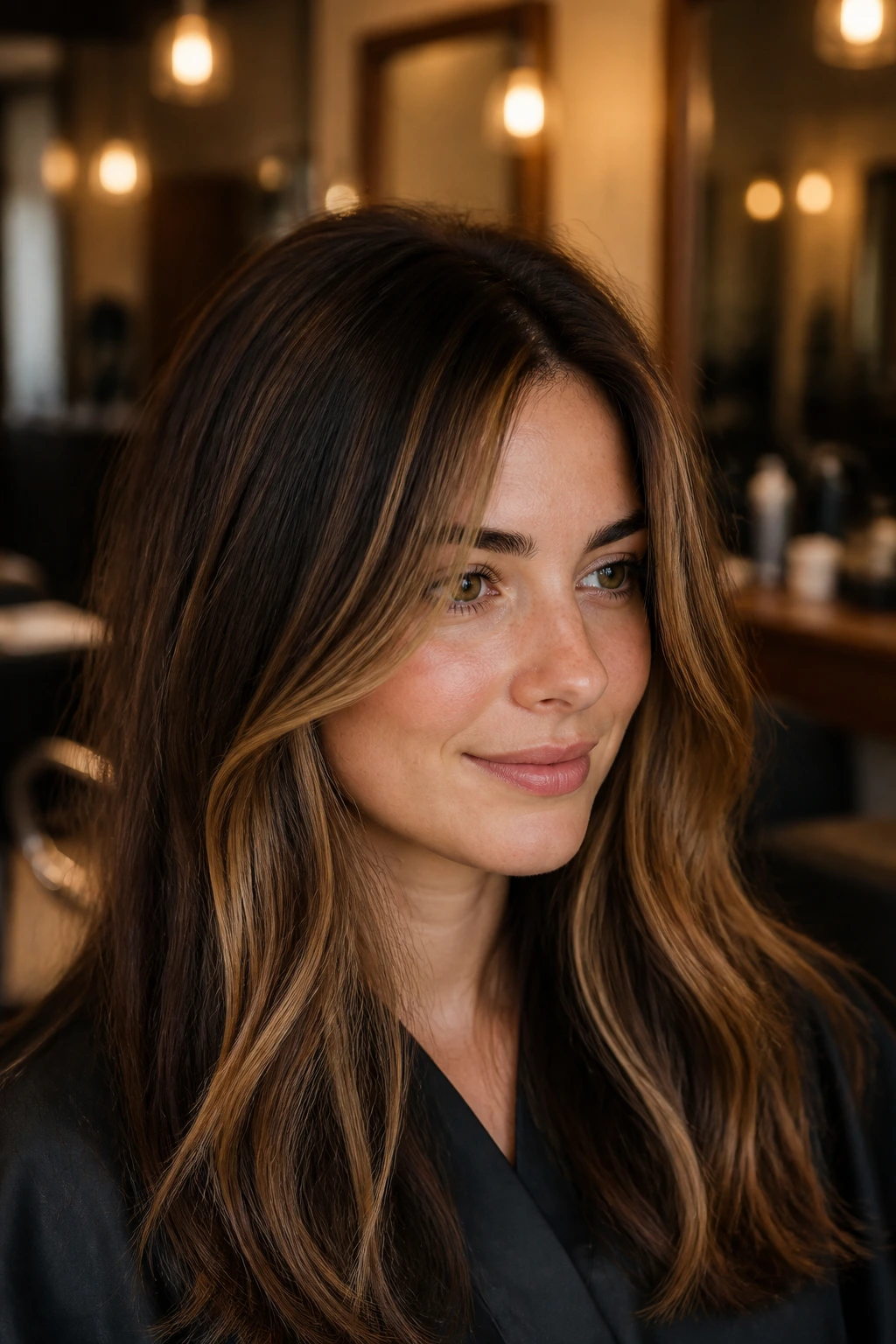 Close-up portrait of a real woman showing expensive brunette caramel pieces around the face